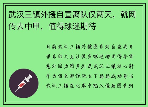 武汉三镇外援自宣离队仅两天，就网传去中甲，值得球迷期待